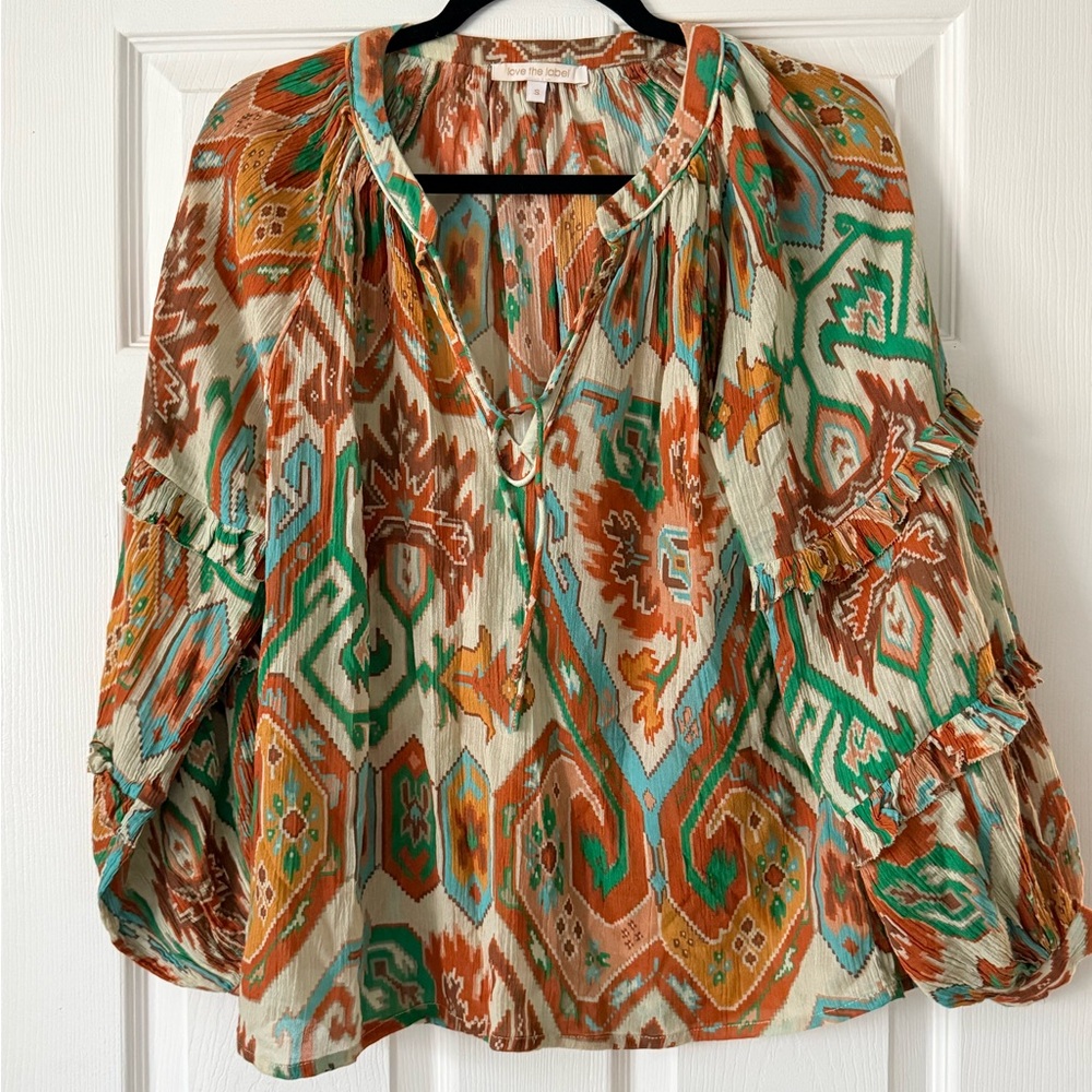 Zac & Rachel Green and Orange Printed Peasant Blouse
